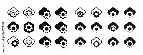 Collection of cloud gear icon variations in black and white