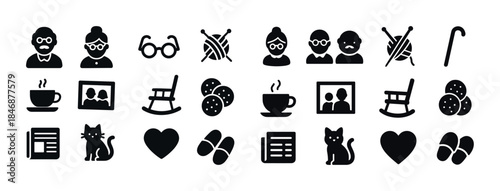 Elderly icons set: grandparents, knitting, tea, pets, walking ca