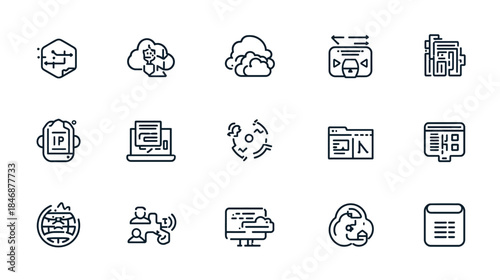 Cloud Computing Icons Representing Data Storage, Networking, and Digital Transformation