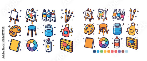 Colorful art supplies and tools collection with easels, paints,