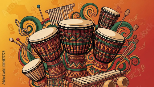Vibrant illustration of traditional african drums and musical instruments on colorful background with swirling