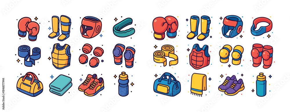 Fototapeta premium Colorful cartoon boxing equipment icons including gloves and pro