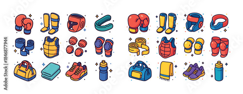 Colorful cartoon boxing equipment icons including gloves and pro