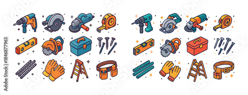 Colorful collection of hand tools and equipment icons