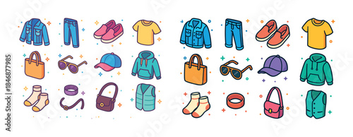 Colorful collection of casual clothing and accessories