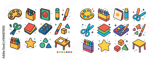 Colorful art supplies and shapes: creative tools and vibrant geo