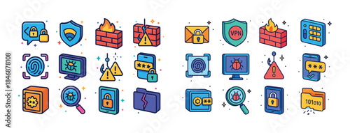 Colorful cybersecurity and internet safety illustrations featuri