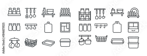 Collection of kitchen storage and organization icons in black an