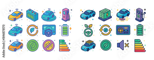 Electric vehicle icons with sustainability and charging symbols