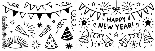 Happy New Year celebration doodles and decorations