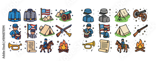 American civil war icons: soldiers, cannons, tents, and flags