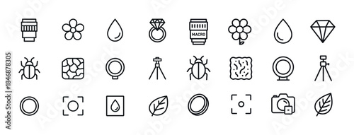Photography and nature icon set with camera, flower, ring, leaf,