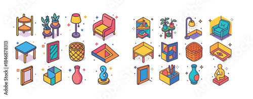 Colorful isometric home decor icons set with furniture and acces