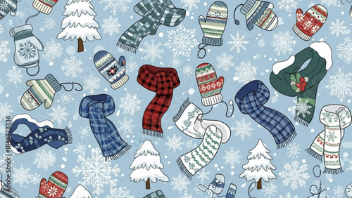 Colorful winter accessories with scarves and mittens on a snowy background with trees, perfect for cold weather