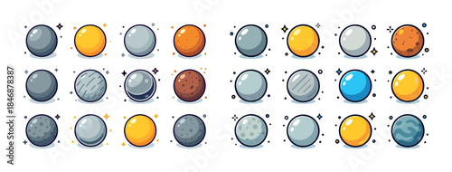 Colorful planet icons set with different textures and patterns