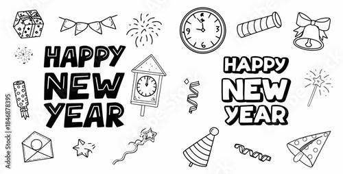 Happy New Year celebration illustrations and icons