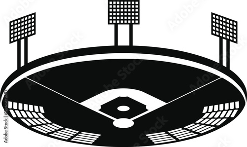 Minimalist black stadium icon with floodlights sports arena silhouette symbol for football baseball events and urban recreation