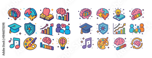 Colorful icons of brain, education, and creativity concepts