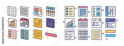 Colorful organizational icons including charts, calendars, and t