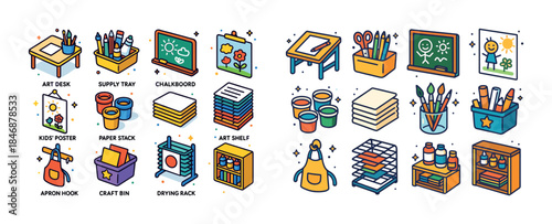 Colorful art classroom supplies with desks, chalkboards, paints,