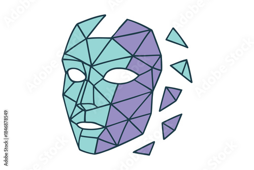 An abstract geometric face illustration showing fragmentation and technological deconstruction