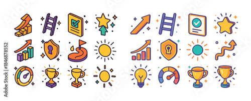 Colorful success icons with graphs, trophies, and checkmarks ill