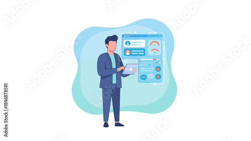 A businessman interacting with a digital dashboard and data analytics interface on a tablet.