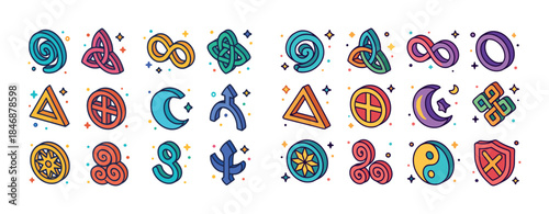 Colorful celtic symbols and infinity designs collection on white