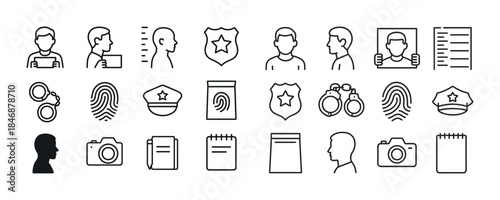 Outline icons of police, mugshots, fingerprints, and identificat
