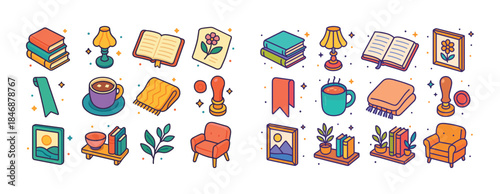 Cozy reading essentials: books, lamps, and relaxation items in v