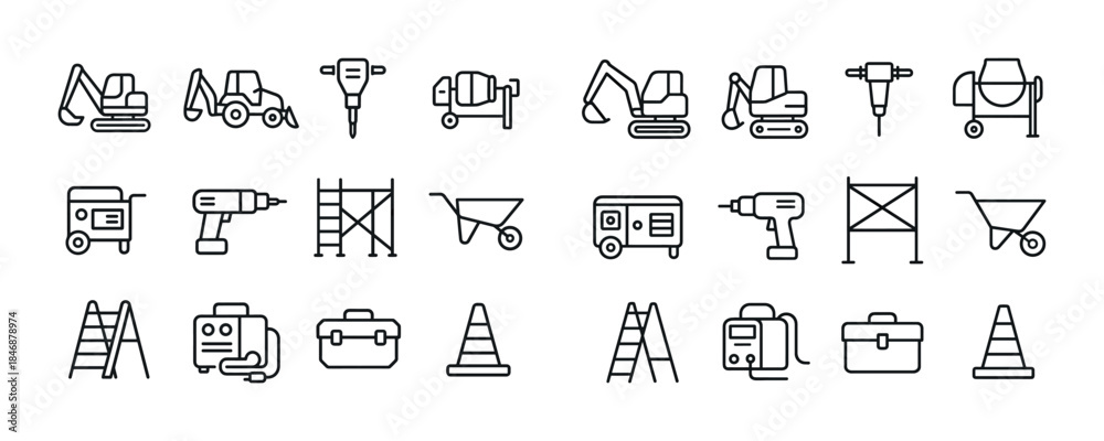 © Влада Яковенко - Construction equipment icons set with excavators, drills, and ce