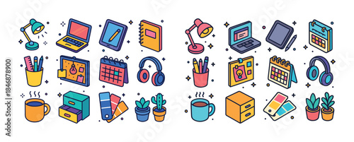 Colorful office supplies and gadgets: laptops, calendars, headph