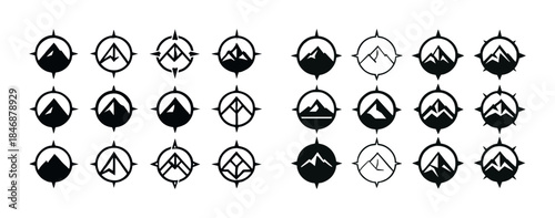 Set of mountain compass icons in black and white