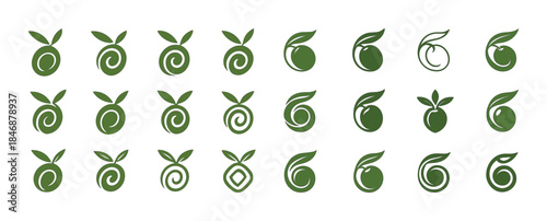 Set of stylized olive icons with leaf variations in green tones