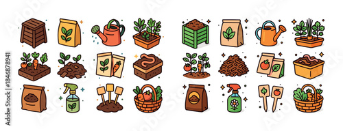 Gardening tools and supplies: compost, seeds, plants, fertilizer