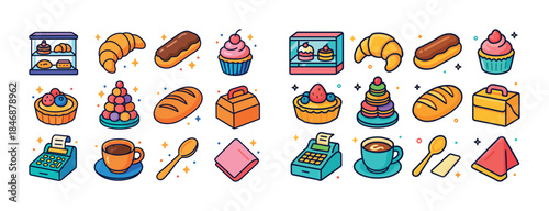Colorful bakery icons showcase: cupcakes, croissants, eclairs, t