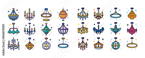 Collection of colorful chandelier and pendant light illustration