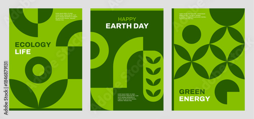 Ecology environment posters with green geometric abstract pattern. Ecology pollution vector poster, nature saving banner with Bauhaus pattern. Earth day or environment protection green artwork flyers
