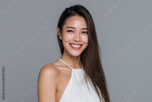 A Japanese woman with a fresh, glowing look, posing naturally with minimal makeup. The portrait captures simplicity and effortless beauty.