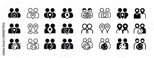 Black and white icon set of people, location, camera, artists, a