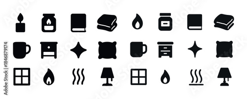 Cozy home essentials icons: candle, book, mug, lamp, pillow, dra