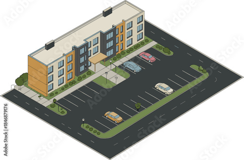 Isometric Apartment Residential Building with Large Outdoor Parking Lot Vector