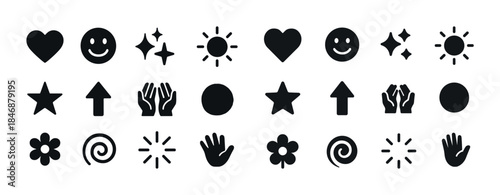 Set of black vector icons: hearts, stars, emojis, and hands in v