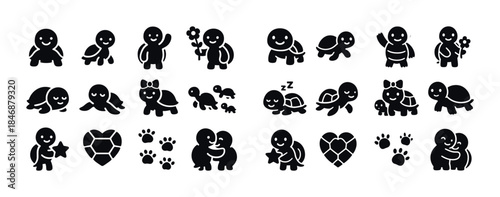 Cute turtle and tortoise icon set - playful silhouettes and hear