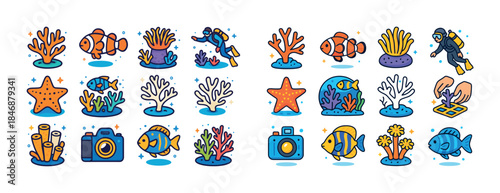 Underwater exploration icons: fish, coral, diver, camera, starfi