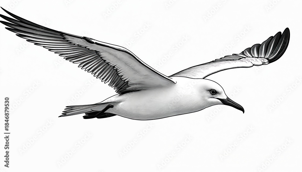 Obraz premium Line drawing of a large seabird, possibly an albatross, in mid flight against a white background. The illustration focuses on the bird spread wings and detailed feathers, with a simple contour style.