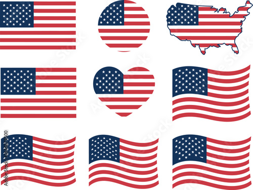 Patriotic collection of diverse United States flag designs, symbolizing national pride and freedom