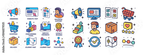 E-commerce and customer journey icons including shopping cart an