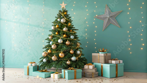 Christmas Tree with Gifts and Star Decoration, creating a festive mood with colorful wrapping paper, enhancing home decor for a joyful celebration.