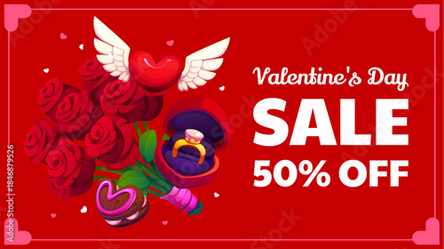 Valentine's day holiday sale banner or flyer. Romance holiday, winter season sale vector banner, St Valentine day discount card with red roses, golden engagement ring in box, sweet dessert and heart